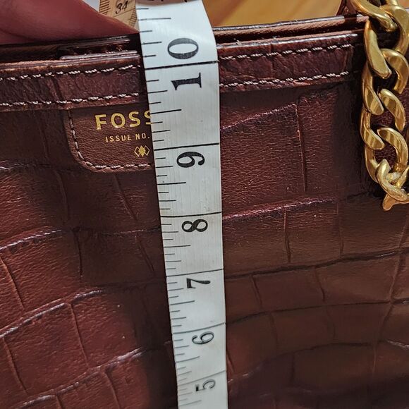 FOSSIL MIMI SHOPPER DARK BROWN CROCODILE LEATHER TOTE,GOLD CHAIN SHOULDER BAG - Picture 7 of 16
